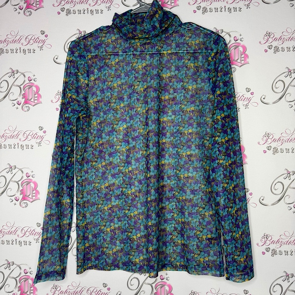 Tristan turtleneck mesh floral purple blue yellow stretchy top long sleeve sexy